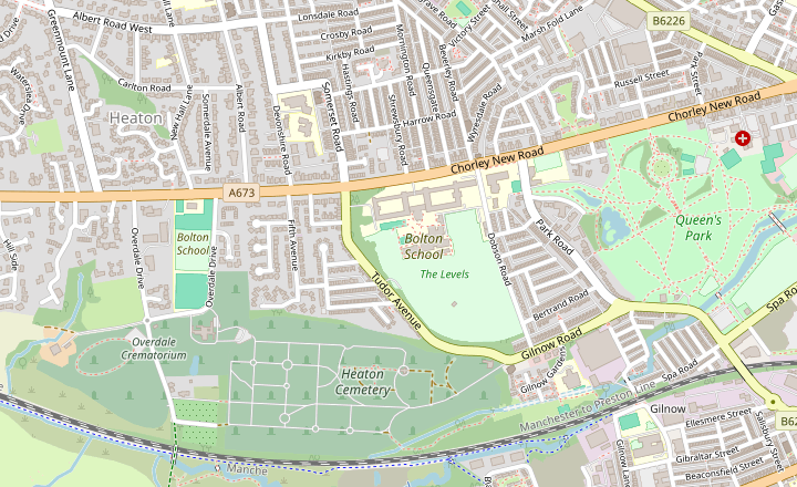 Road map centred on the approximate counselling location near Bolton School, between Overdale Drive and Chorley New Road.